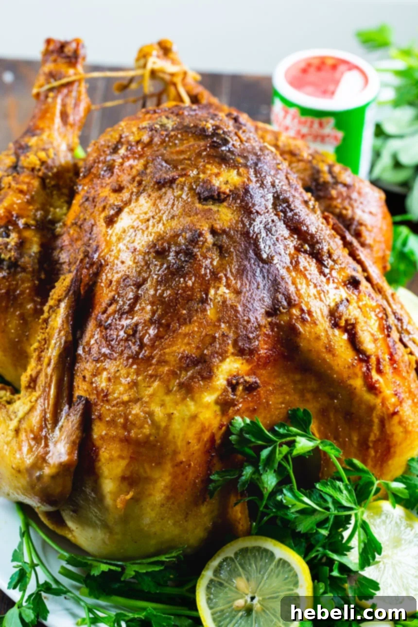 Fiery Cajun Roast Turkey 3 A perfectly roasted Cajun turkey, glistening with juices, surrounded by fresh parsley on a festive platter.