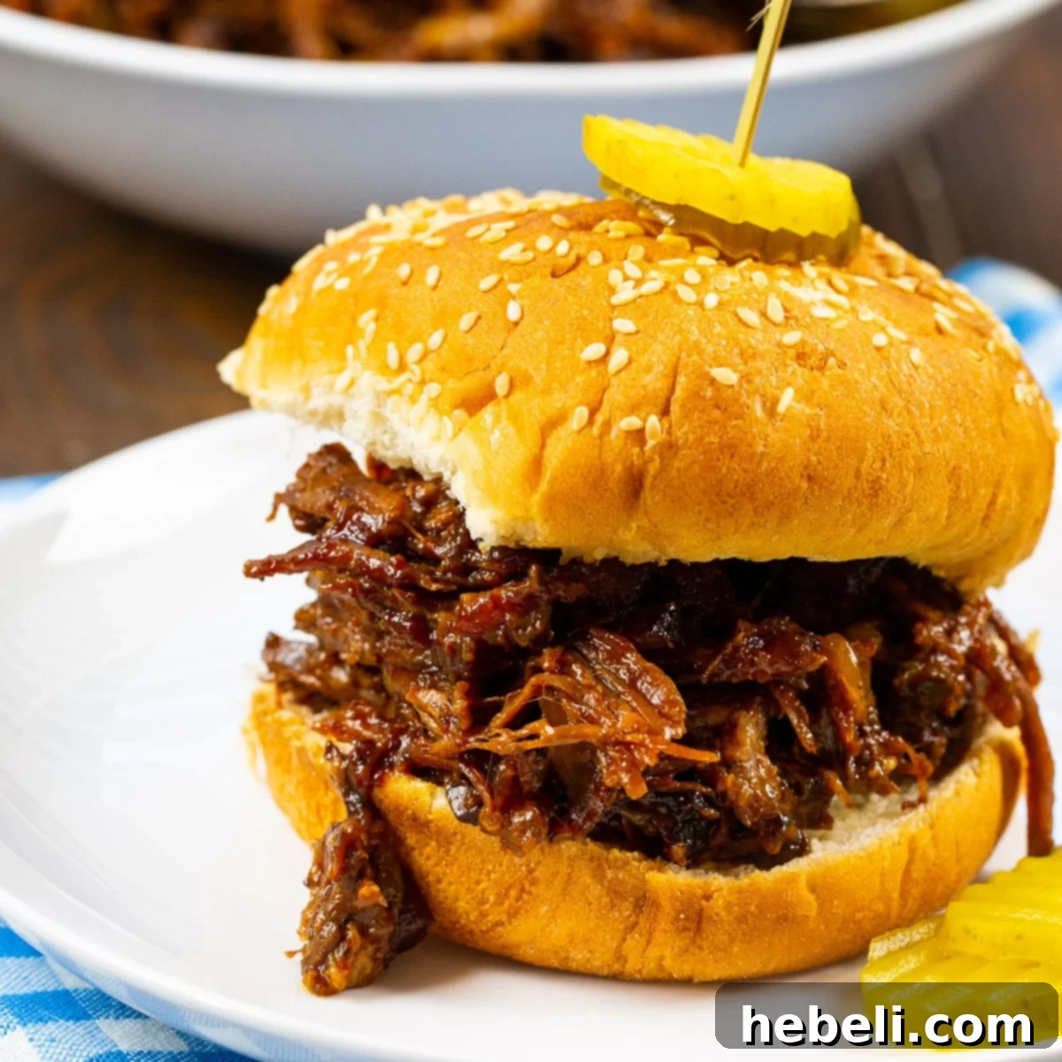 Smoky Pulled Beef 2 Delicious BBQ Beef Sandwich on a plate with coleslaw.