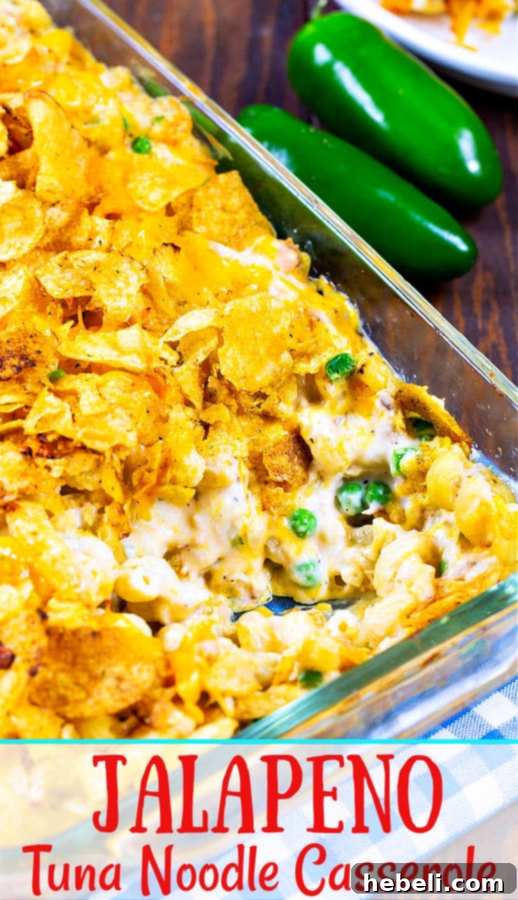 A close-up of the creamy and cheesy interior of Jalapeño Tuna Noodle Casserole.