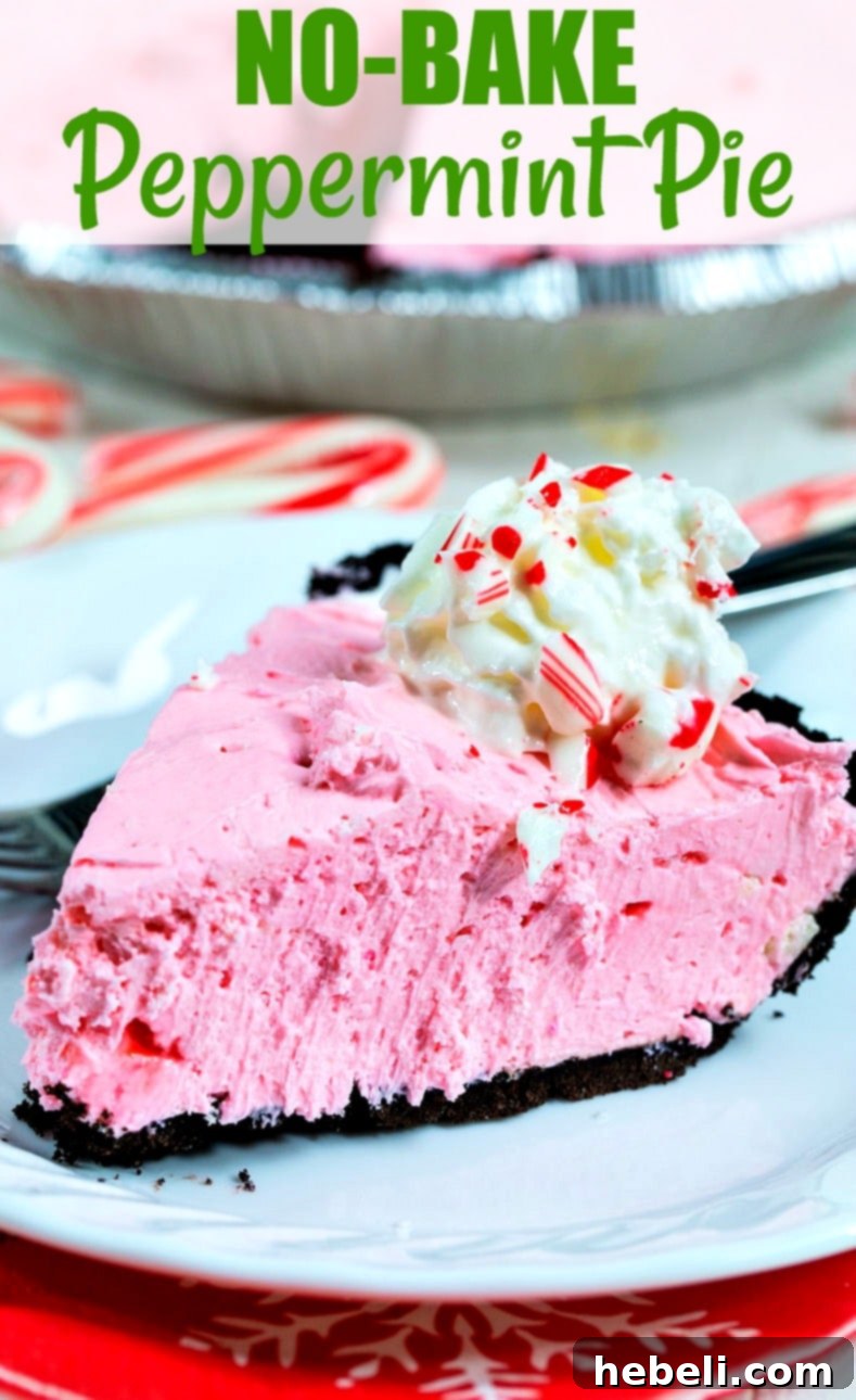 An overhead shot of a full No-Bake Peppermint Pie, perfectly set and ready to be sliced, emphasizing its smooth surface and festive appearance.