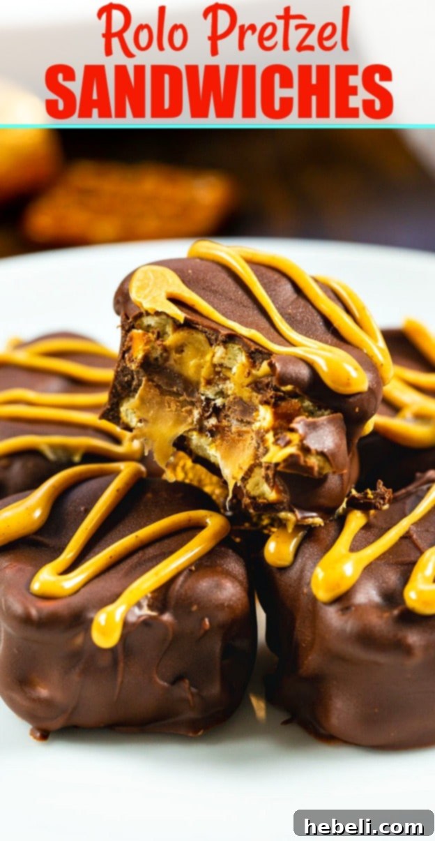 Sweet and Salty Rolo Pretzel Bites 6 A stunning vertical shot of multiple Rolo Pretzel Sandwiches arranged beautifully, highlighting their rich chocolate coating and intricate drizzle.