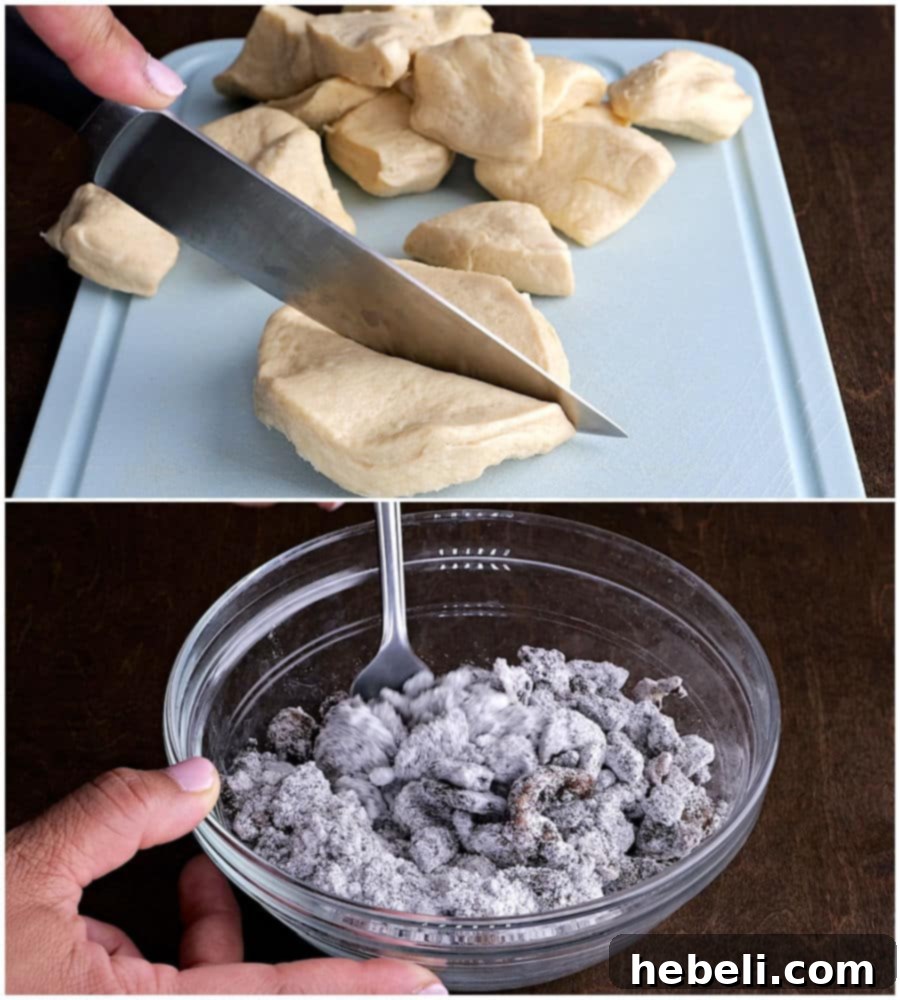 Refrigerated biscuits cut into quarters, alongside a bowl of the dry pudding and Oreo mixture.
