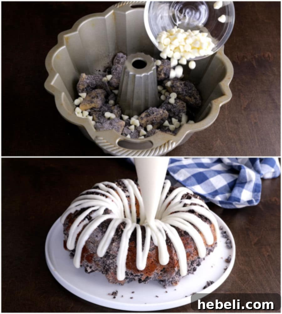 Monkey bread being carefully assembled in a bundt pan, with layers of coated biscuits and white chocolate chips.