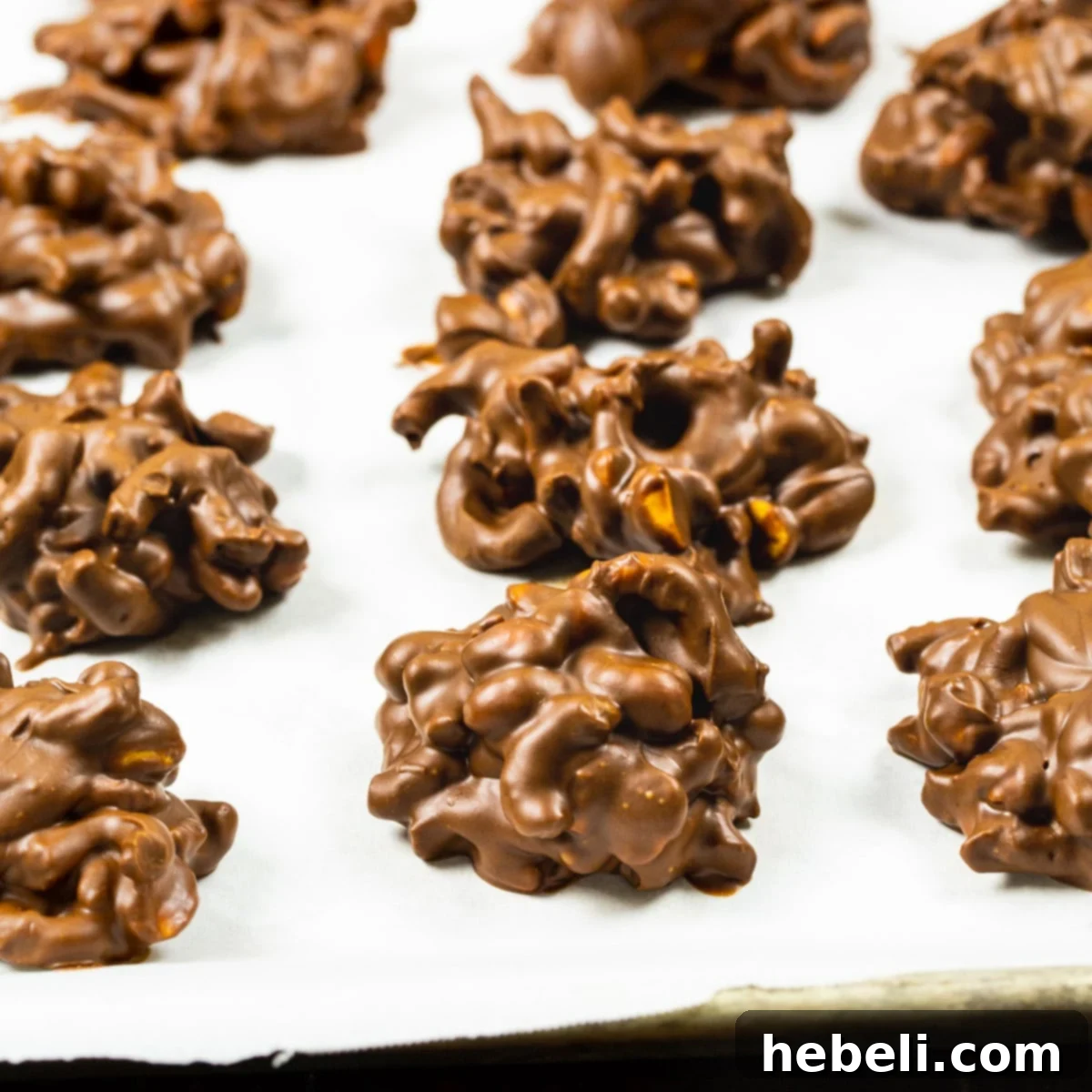 Sweet and Salty Chocolate Pretzel Bites 2 Delicious Chocolate Peanut Clusters with Pretzels artfully arranged on parchment paper, showcasing their perfect blend of textures and flavors.