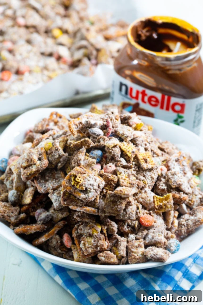 A smaller serving bowl overflowing with Nutella Muddy Buddies, showcasing the generous powdered sugar coating.
