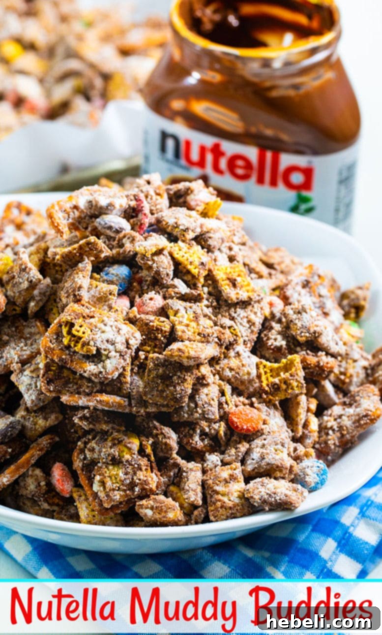 Another perspective of a bowl filled with finished Nutella Muddy Buddies, ready to be enjoyed.