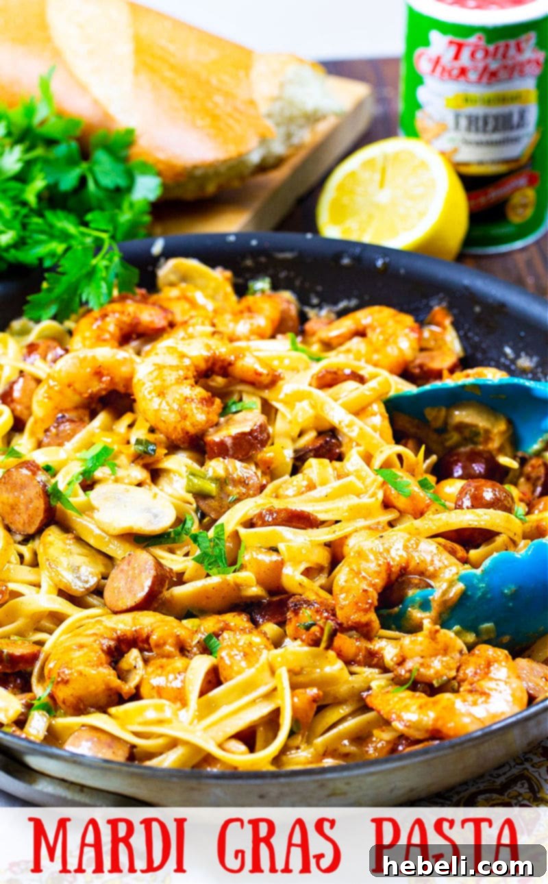 Mardi Gras Flavor Fiesta 6 Mardi Gras Pasta with shrimp and andouille sausage, ready to serve.