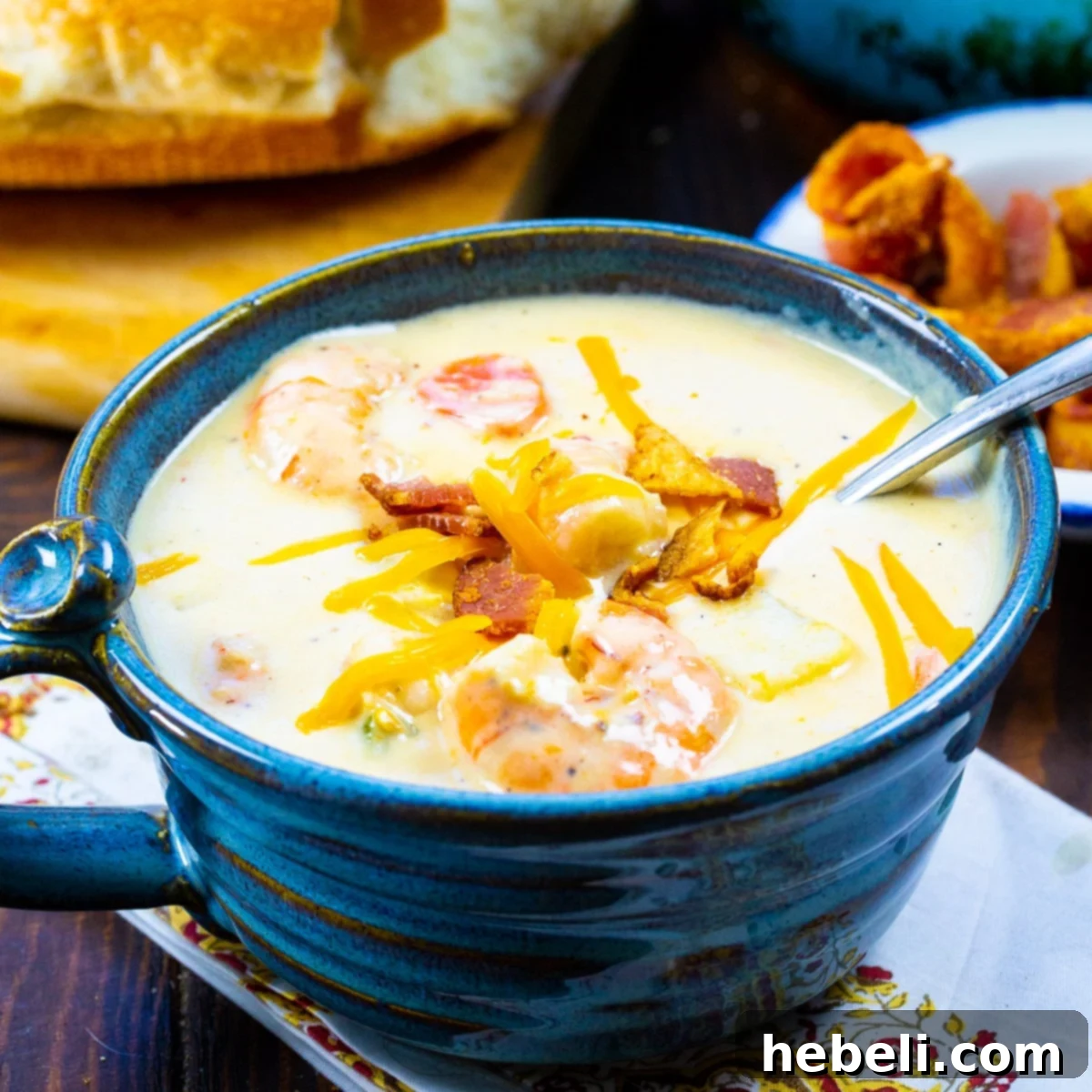 Shrimp and Potato Chowder 2 A vibrant blue bowl filled with Creamy Potato Soup with Shrimp, garnished with fresh herbs.