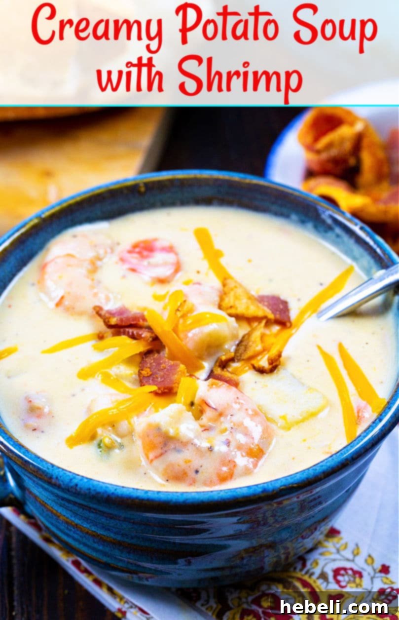 Shrimp and Potato Chowder 6 A warm, inviting close-up of Creamy Potato Soup with Shrimp, perfect for a cold day.