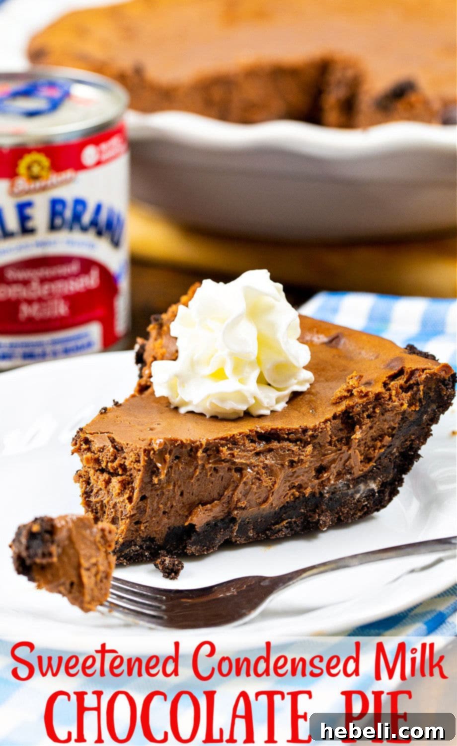 Velvety Chocolate Dream Pie 6 Two slices of Sweetened Condensed Milk Chocolate Pie with fluffy whipped cream, invitingly arranged on a platter, ready to be served.
