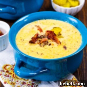 A well-composed photo of a bowl full of Slow Cooker Bacon Cheeseburger Soup, ready to be eaten.