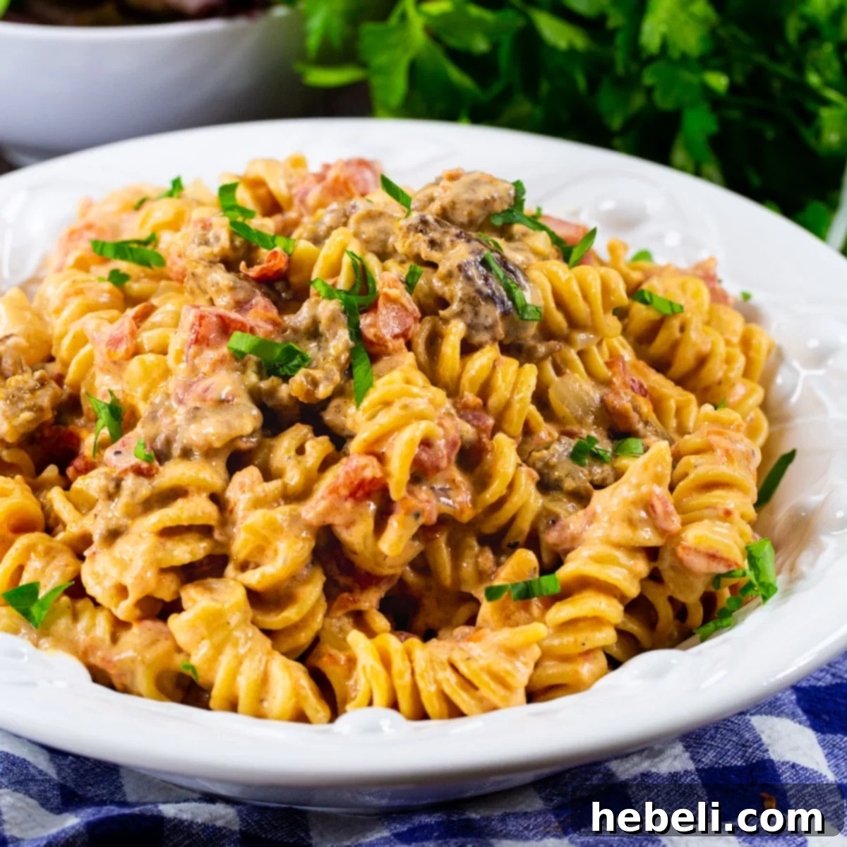 A serving of Creamy Rotel Pasta with Sausage in a white bowl, garnished with fresh parsley.