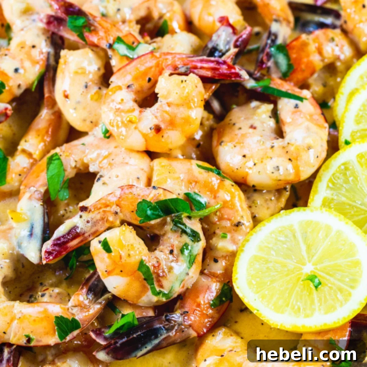 Creamy Lemon Garlic Butter Shrimp in a skillet with lemon slices and fresh parsley.