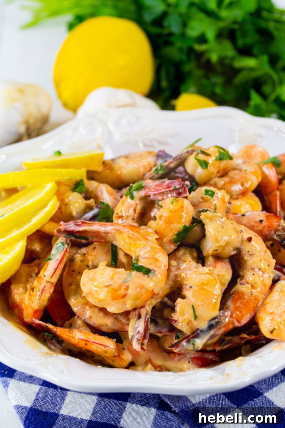 Creamy Lemon Garlic Butter Shrimp in a white bowl, ready to serve.