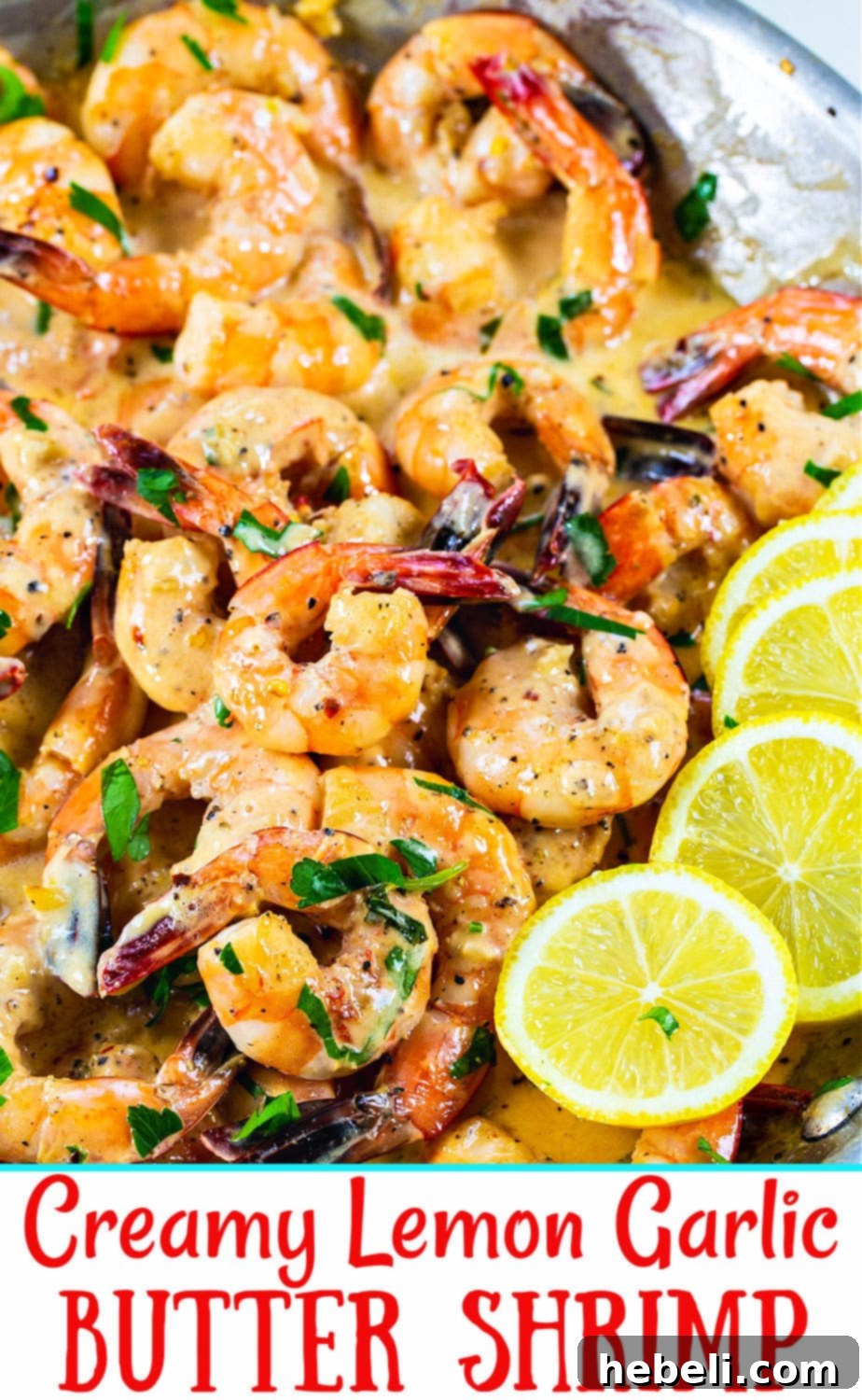 Close-up of Creamy Lemon Garlic Butter Shrimp in a white bowl, garnished with fresh herbs.