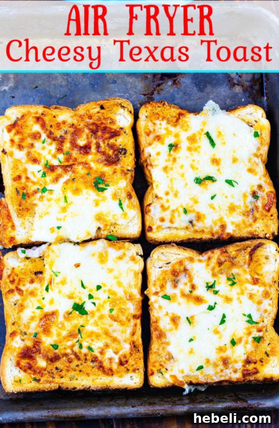 Three slices of Air Fryer Cheesy Texas Toast on a plate with fresh parsley garnish.