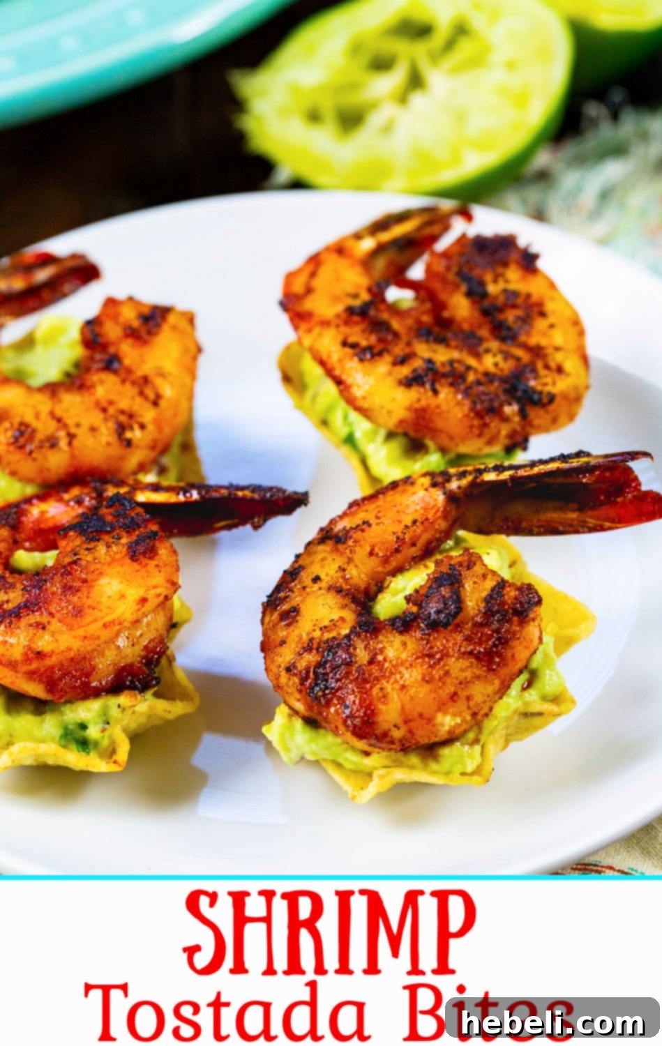 A vibrant close-up of Shrimp Tostada Bites, perfect for a Tex-Mex party, showcasing the beautiful layers.