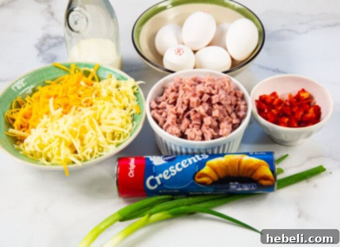 Golden Ham and Cheese Crescent Bake 4 Ingredients needed for Ham and Cheese Crescent Breakfast Casserole, neatly arranged.