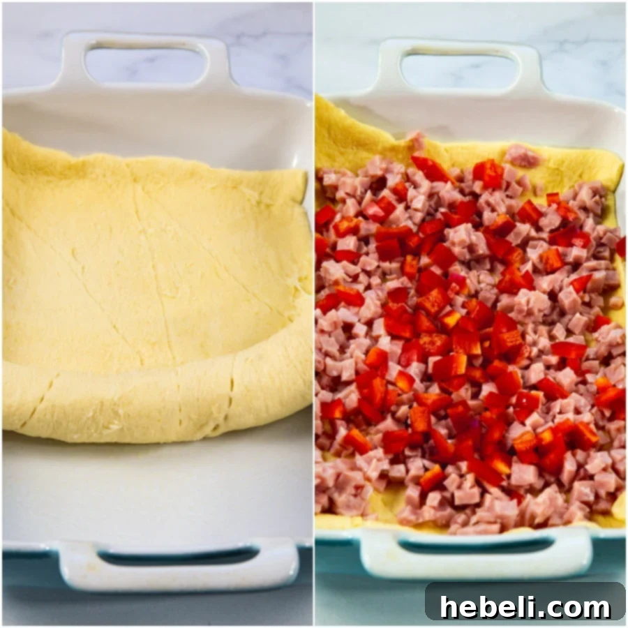 Golden Ham and Cheese Crescent Bake 5 Collage picture showing crescent dough being unrolled in a baking pan and ham and bell pepper being placed on top.