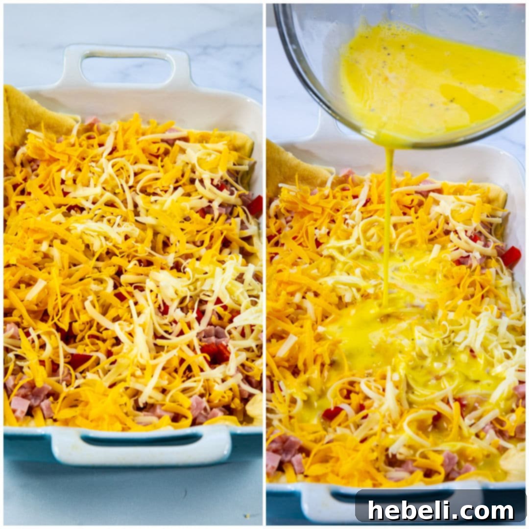 Golden Ham and Cheese Crescent Bake 6 Collage showing shredded cheese placed on top of the ham and pepper layer, followed by the egg mixture being poured over everything.