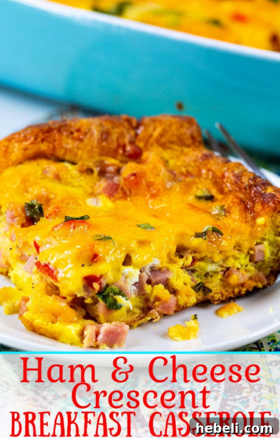 Golden Ham and Cheese Crescent Bake 9 Full Ham and Cheese Crescent Breakfast Casserole, garnished and ready to be served.