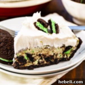 Slice of No-Bake Mint Oreo Pie on a plate, garnished with mint leaves and chocolate shavings.