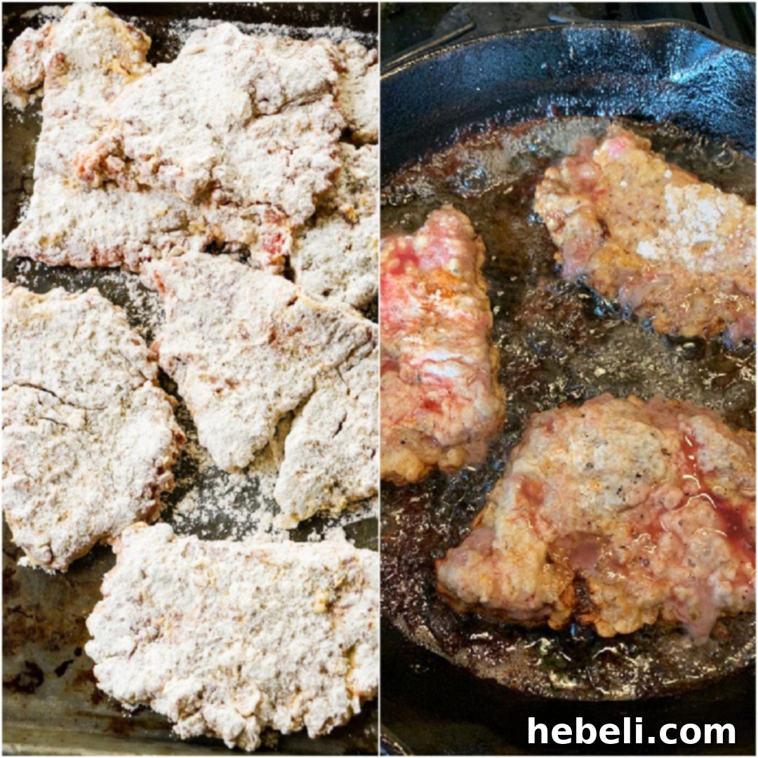 A collage demonstrating the breading process, showing uncooked cubed steak, breaded steak, and steak frying in a skillet.