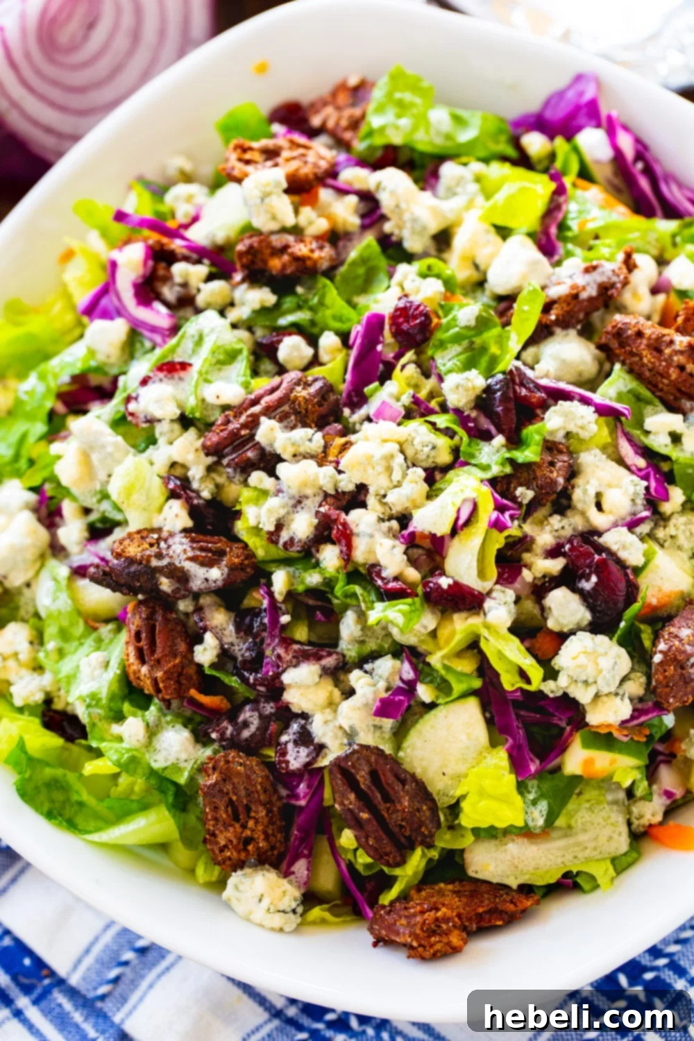 An overhead shot showcasing the vibrant colors and delightful textures of the Blue Cheese Chopped Salad.