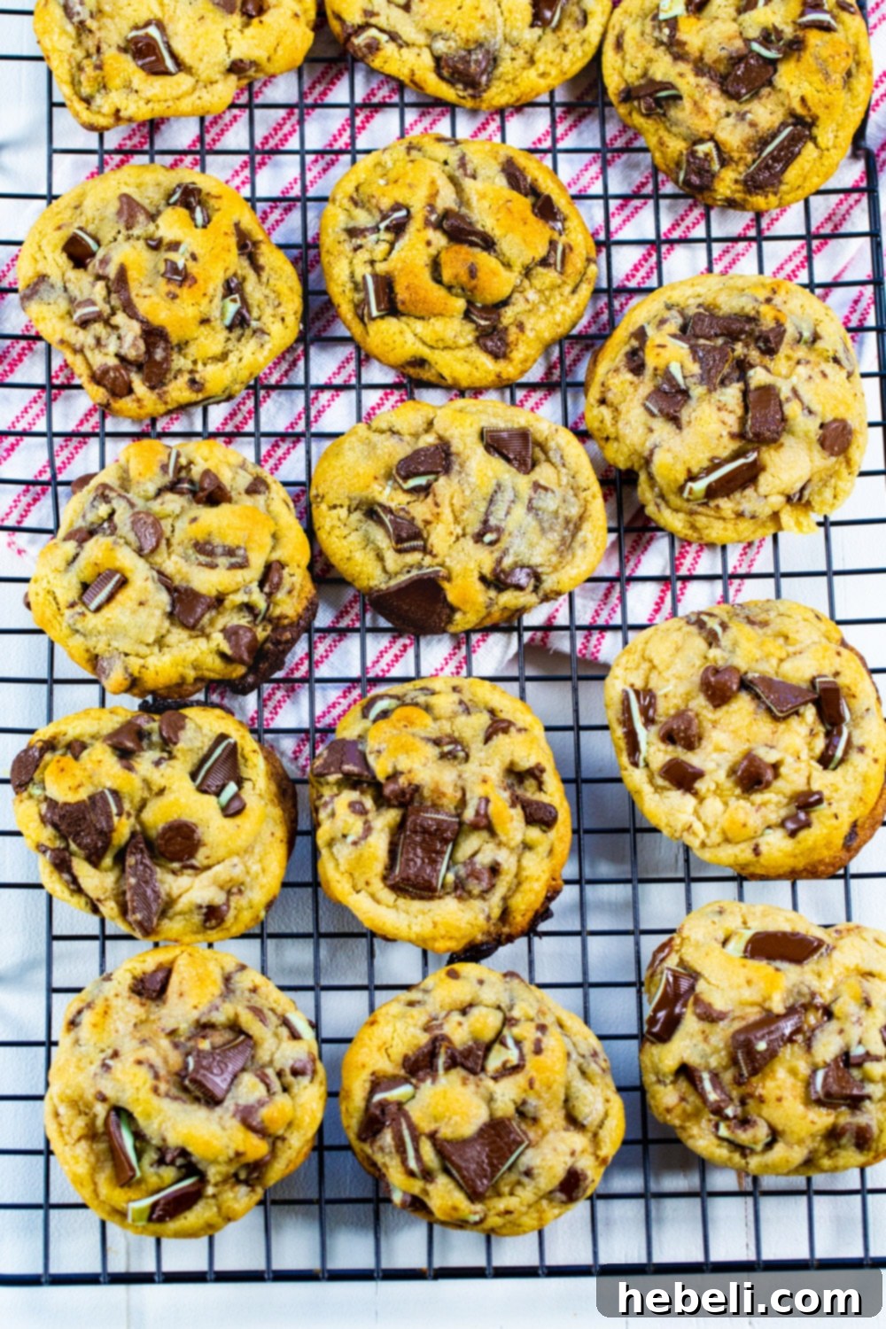 Andes Mint Dream 3 Freshly baked Andes Mint Cookies cooling on a wire rack.
