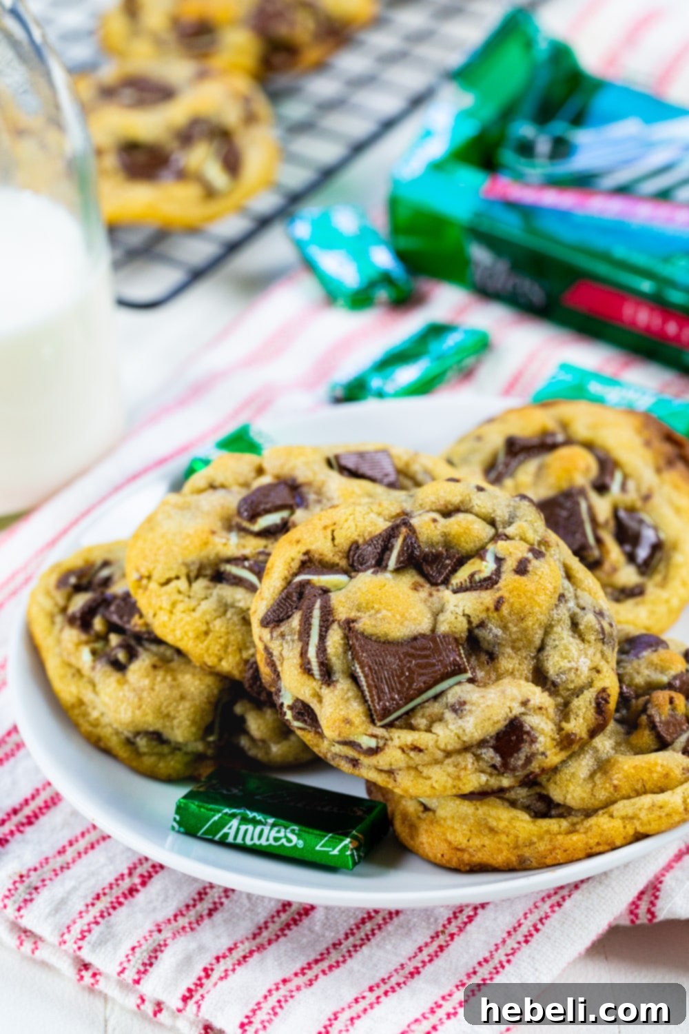Andes Mint Dream 4 Close-up of Andes Mint Cookies on a plate with un-wrapped Andes mints beside them.