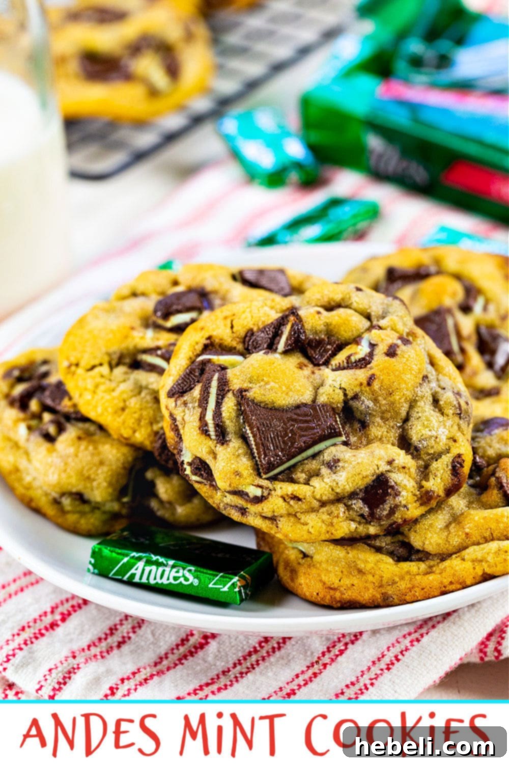 Andes Mint Dream 6 A stack of delicious Andes Mint Cookies, highlighting their rich chocolate and minty centers.