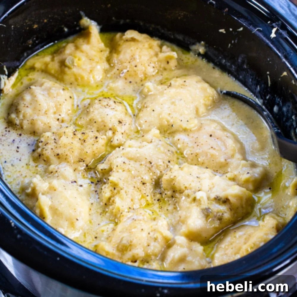 Homestyle Slow Cooker Chicken and Bisquick Dumplings 2 Slow Cooker Chicken and Bisquick Dumplings simmering in a crock pot, promising a delicious meal.