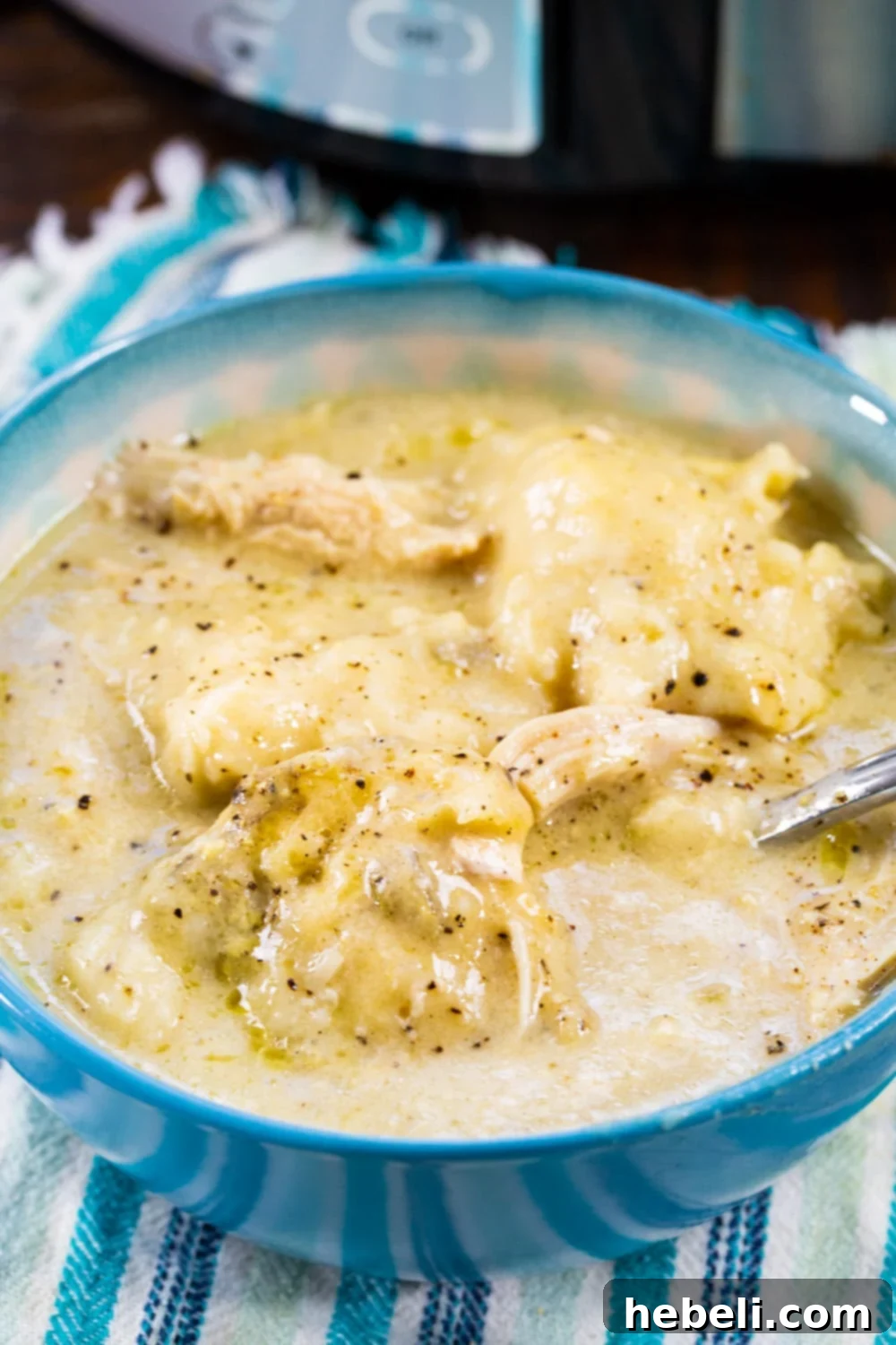 Homestyle Slow Cooker Chicken and Bisquick Dumplings 4 A bowl of creamy Slow Cooker Chicken and Bisquick Dumplings garnished with fresh herbs, ready to be enjoyed.