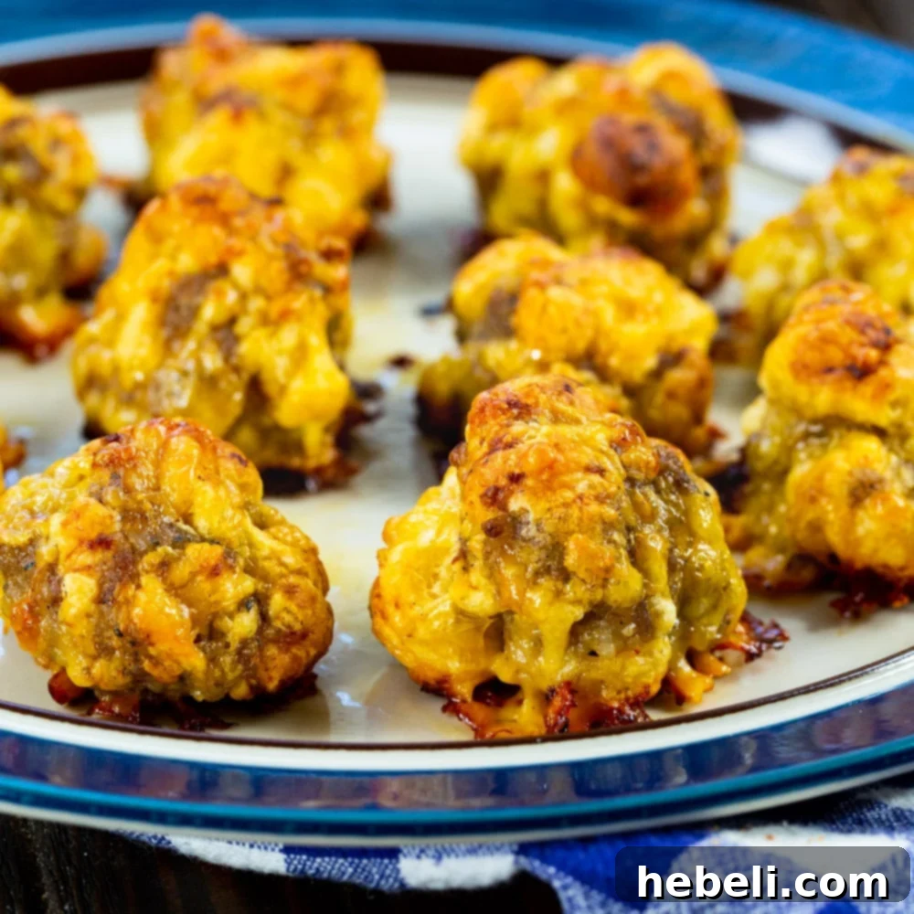 Golden brown Sausage Crescent Balls perfectly arranged on a serving plate, ready to be enjoyed.