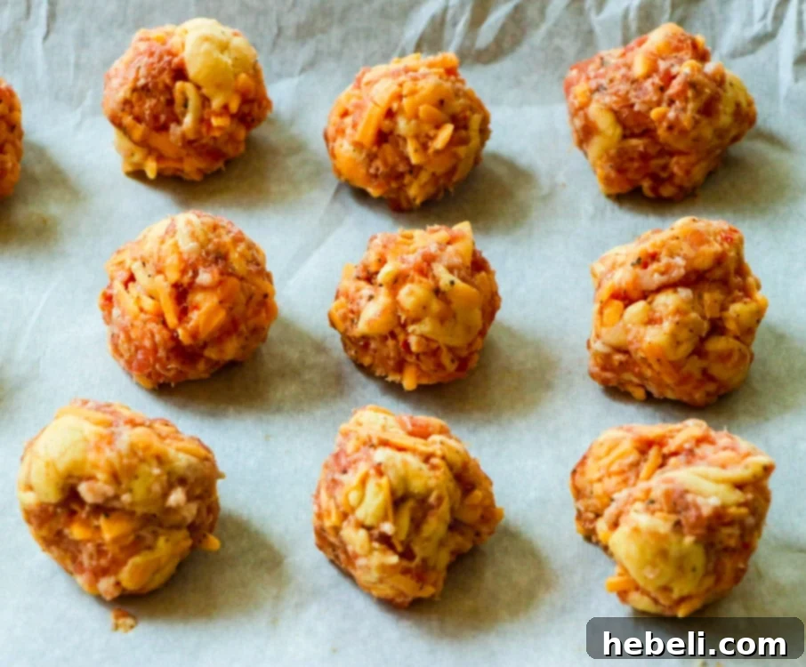 Uncooked Sausage Balls neatly arranged on parchment paper on a baking sheet, ready for the oven.
