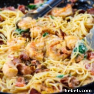 Creamy Angel Hair Pasta with Bacon and Shrimp.