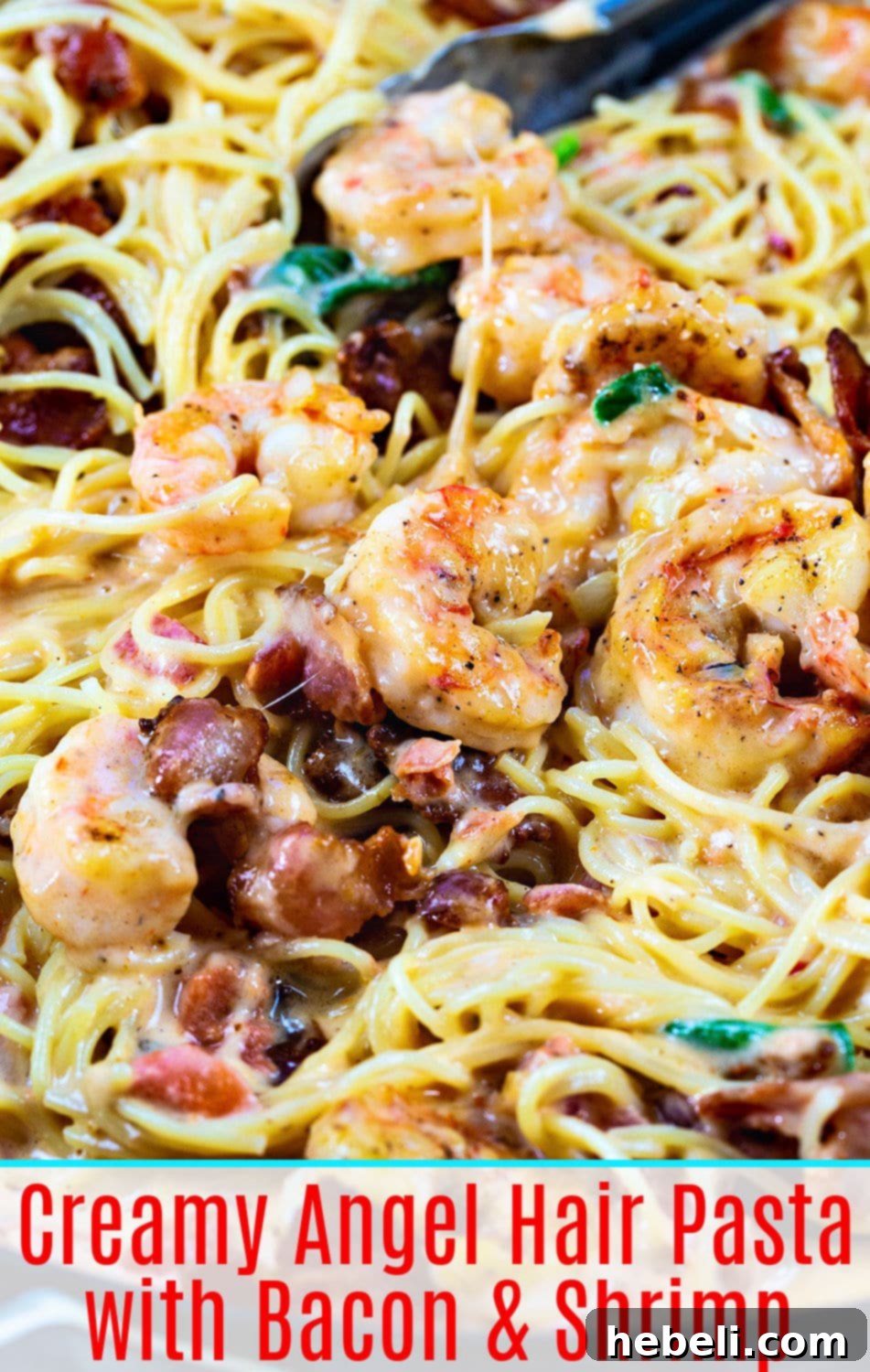 A final, mouth-watering shot of Creamy Angel Hair Pasta with Bacon and Shrimp, garnished and ready to enjoy.