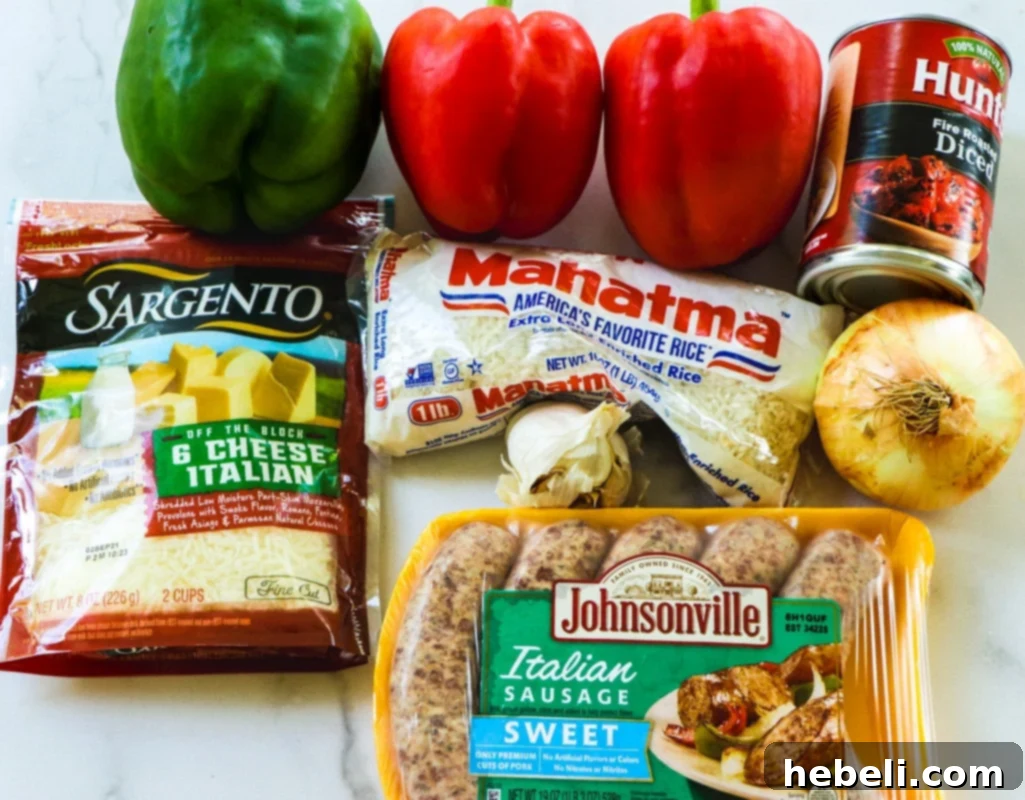 Assorted ingredients for Italian Sausage Stuffed Peppers, neatly laid out.
