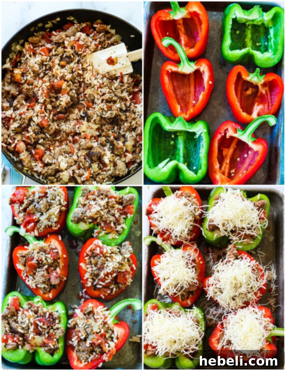 Step-by-step collage showing the preparation of Italian Sausage Stuffed Peppers.