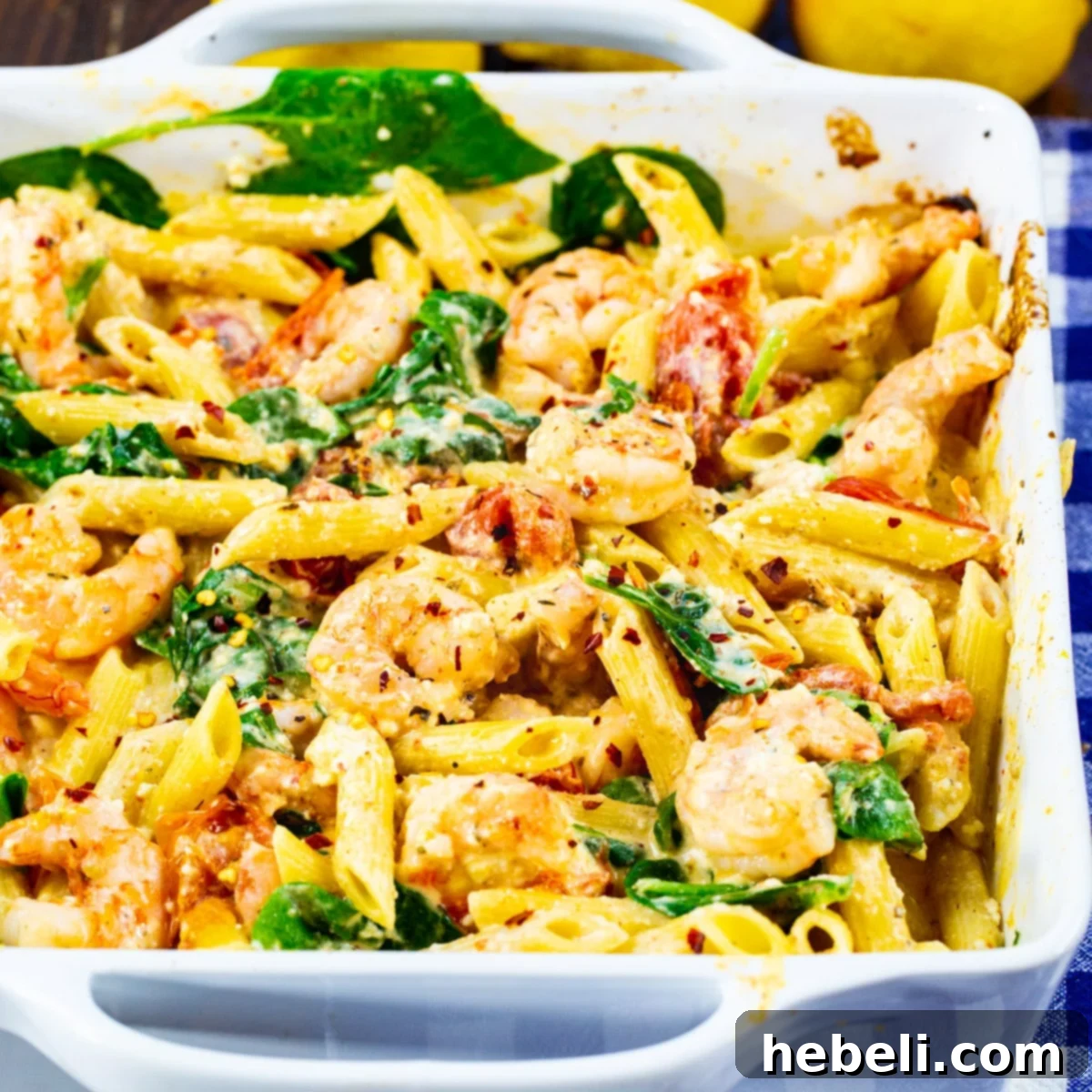 A vibrant Feta Shrimp Penne pasta dish in a white square baking dish, garnished with fresh herbs, ready to be served.
