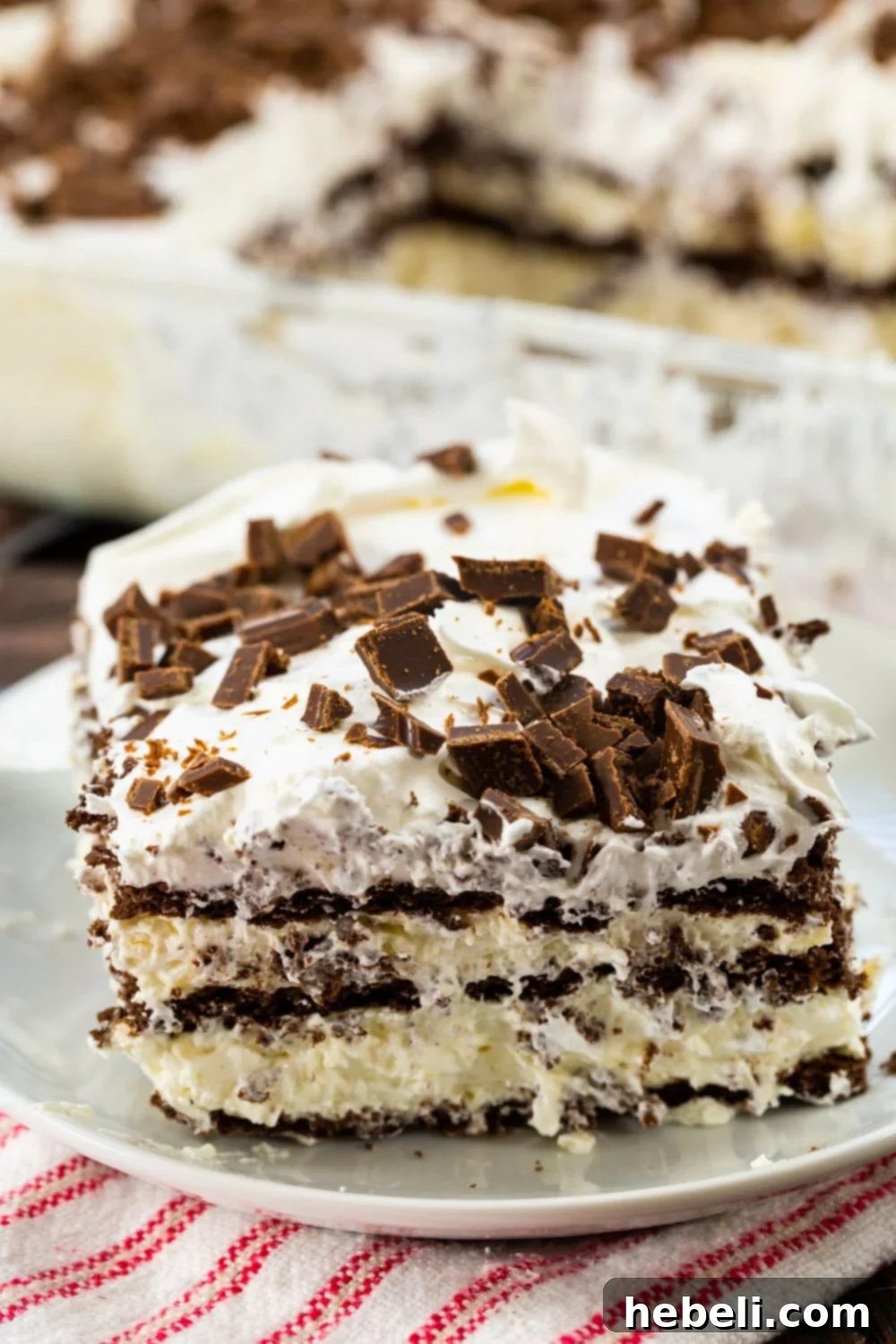 Slice of White Chocolate Lasagna on a plate, showing the distinct layers.