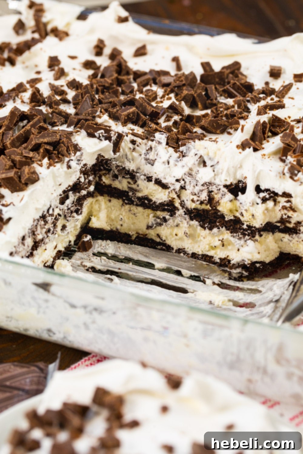 White Chocolate Lasagna in baking dish, ready to be served.
