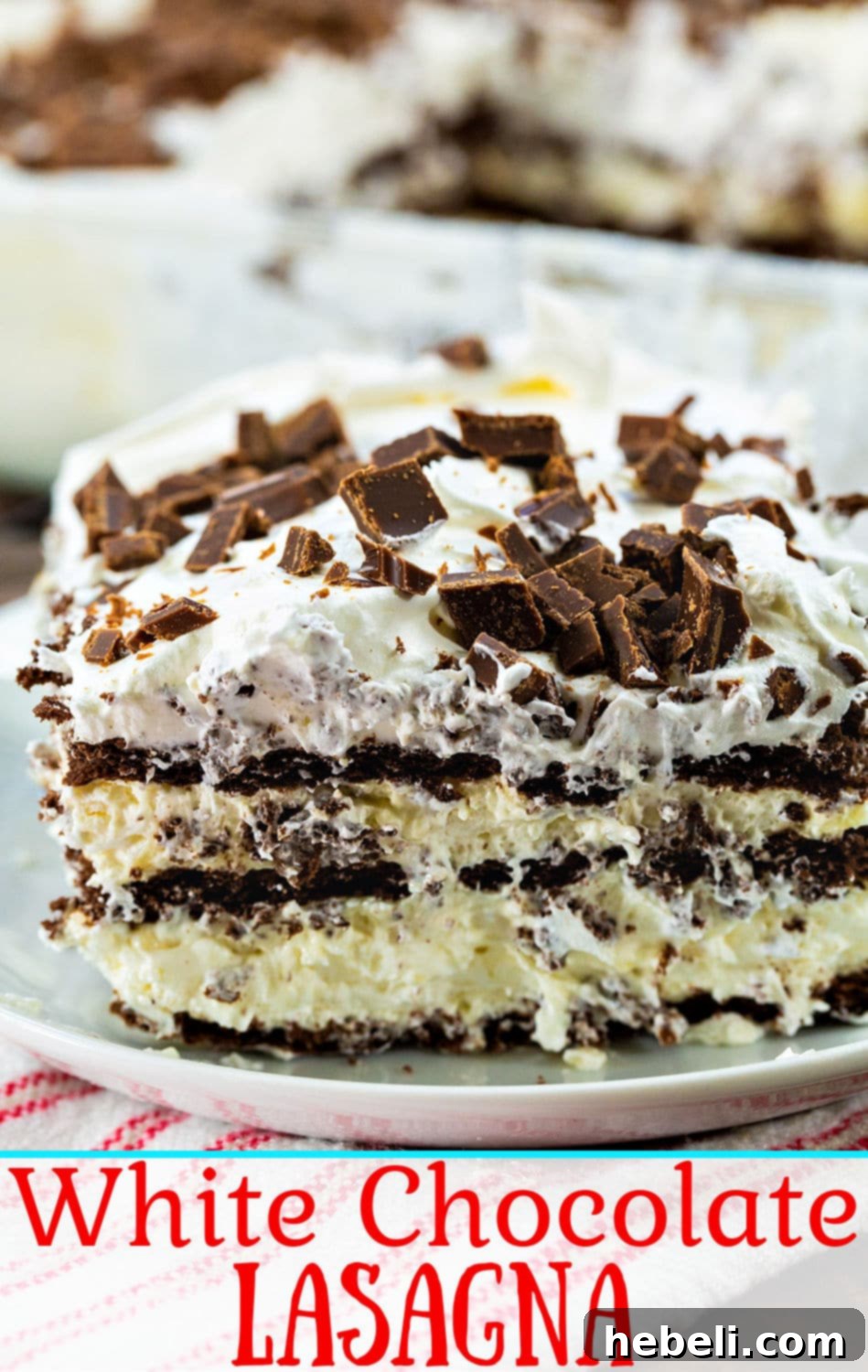 White Chocolate Lasagna - an easy no-bake dessert with layers of white chocolate pudding and chocolate graham crackers.