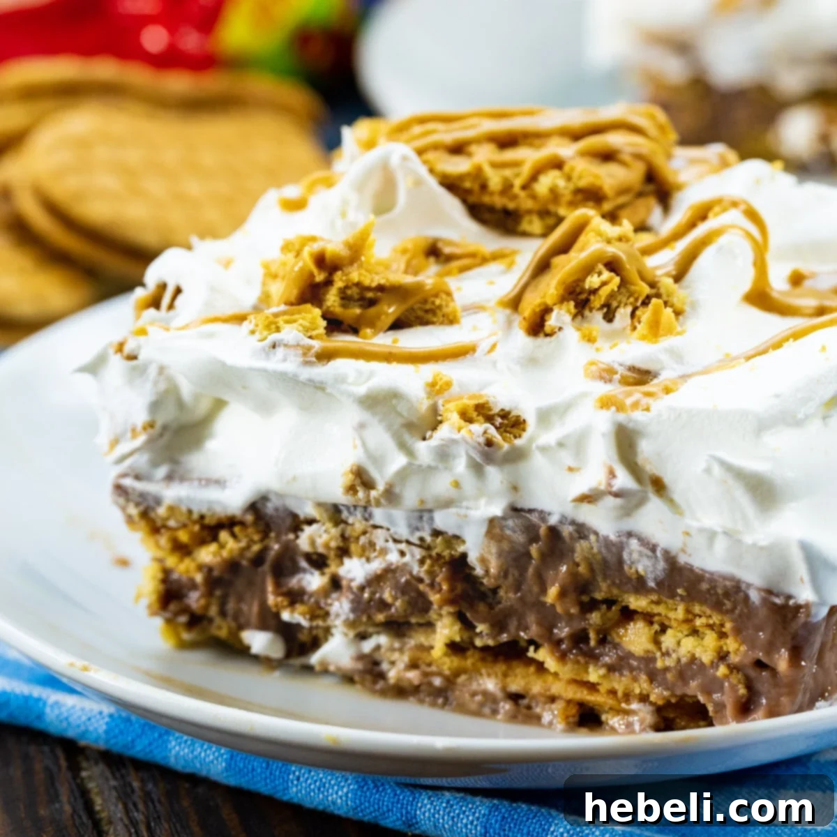 Chocolate Peanut Butter Icebox Cake 2 Slice of Nutter Butter Chocolate Icebox Cake on a plate, showing its creamy layers.