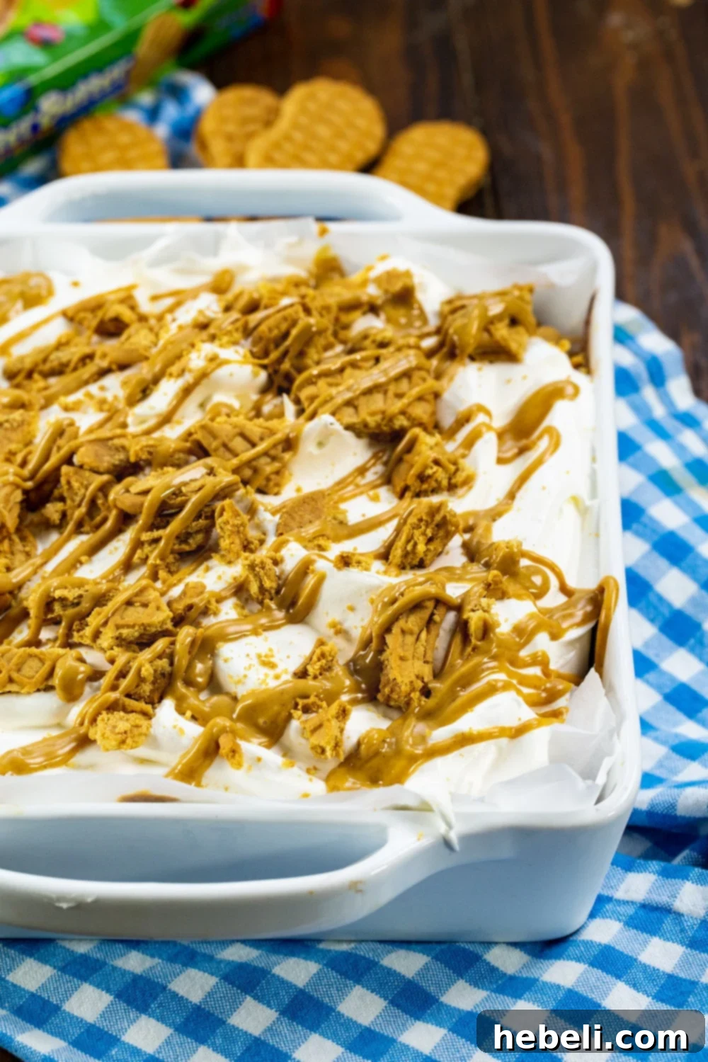 Chocolate Peanut Butter Icebox Cake 3 Full Nutter Butter Icebox Cake in a square baking dish, ready to be served.