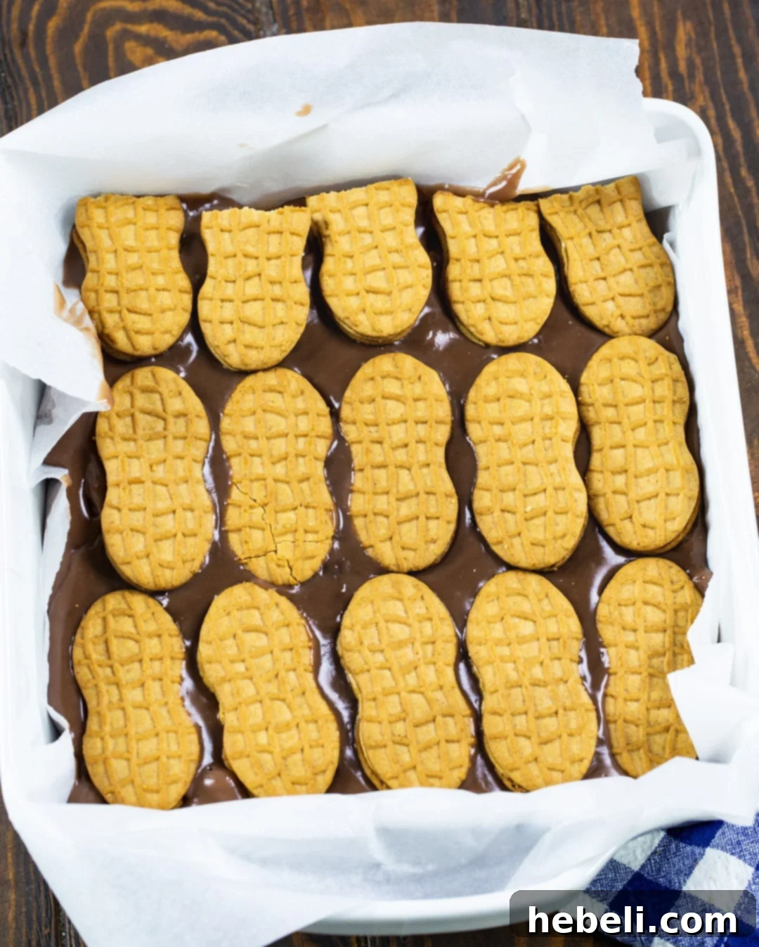 Chocolate Peanut Butter Icebox Cake 4 Nutter Butter cookies laid out on a layer of chocolate pudding in a baking dish.