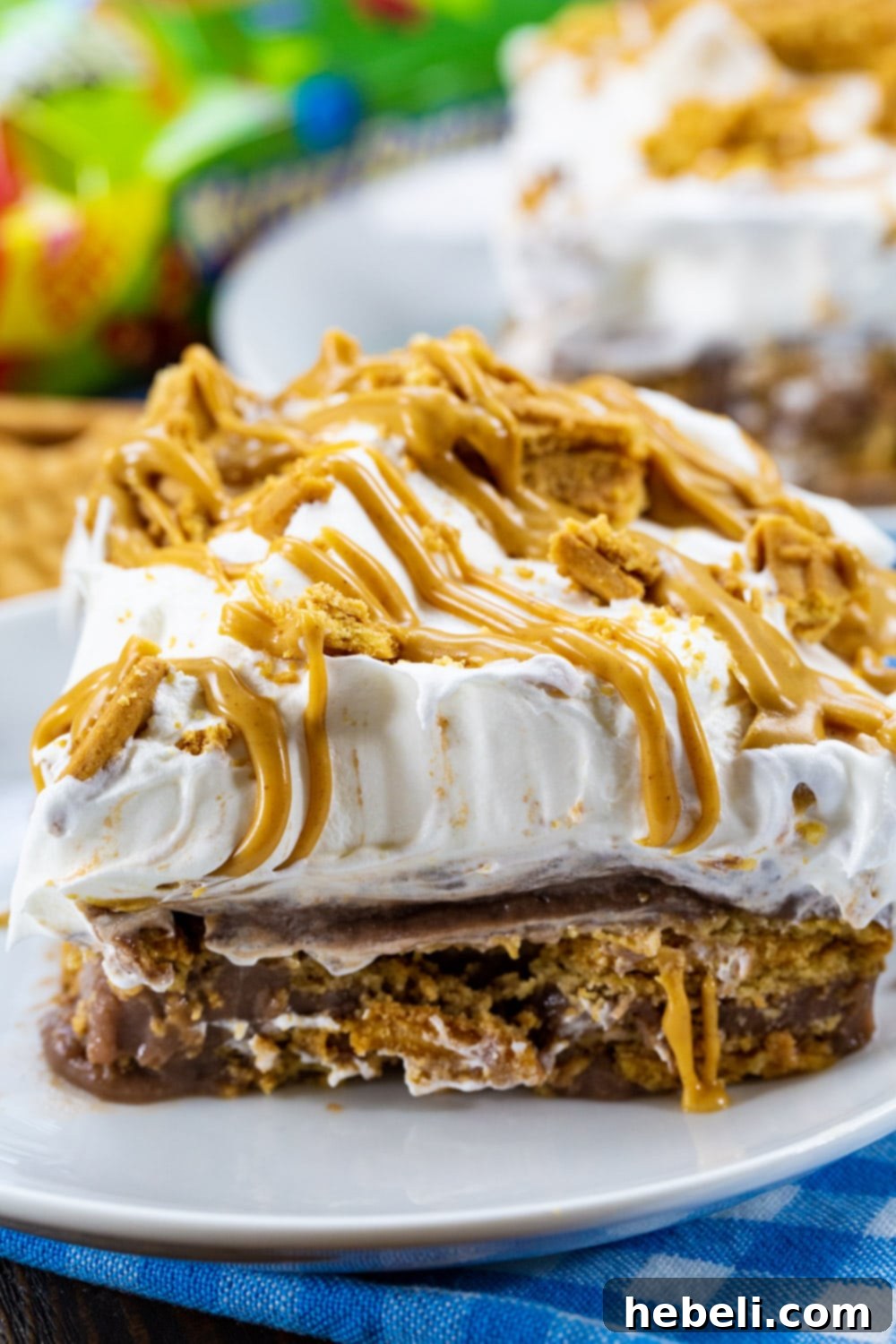 Chocolate Peanut Butter Icebox Cake 5 A perfectly sliced piece of Nutter Butter Chocolate Icebox Cake on a white plate, ready to be enjoyed.