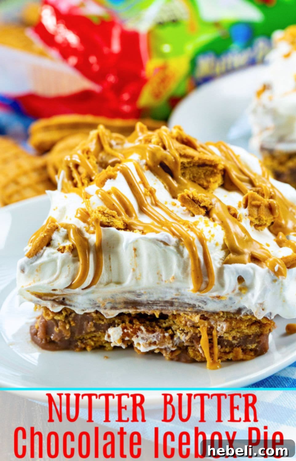 Chocolate Peanut Butter Icebox Cake 6 Top-down view of the Nutter Butter Chocolate Icebox Cake, showing the whipped topping and peanut butter drizzle.