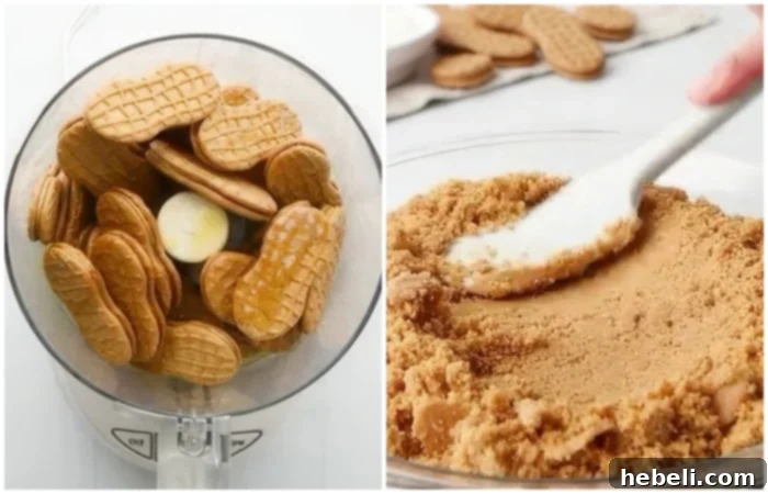 Peanut Butter Bliss Pie 4 Preparing the Nutter Butter pie crust by mixing crushed cookies with melted butter and pressing into a pie dish.