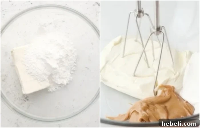 Peanut Butter Bliss Pie 5 Mixing cream cheese, marshmallow fluff, and peanut butter to create the smooth, creamy pie filling.